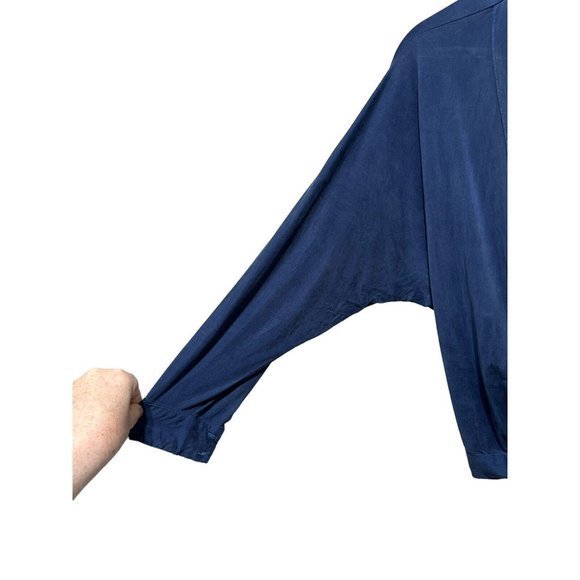 YFB Womens Large Top Blouse Blue V Neck Wrap Woven L/S Collar Cupro Spandex - Picture 3 of 9